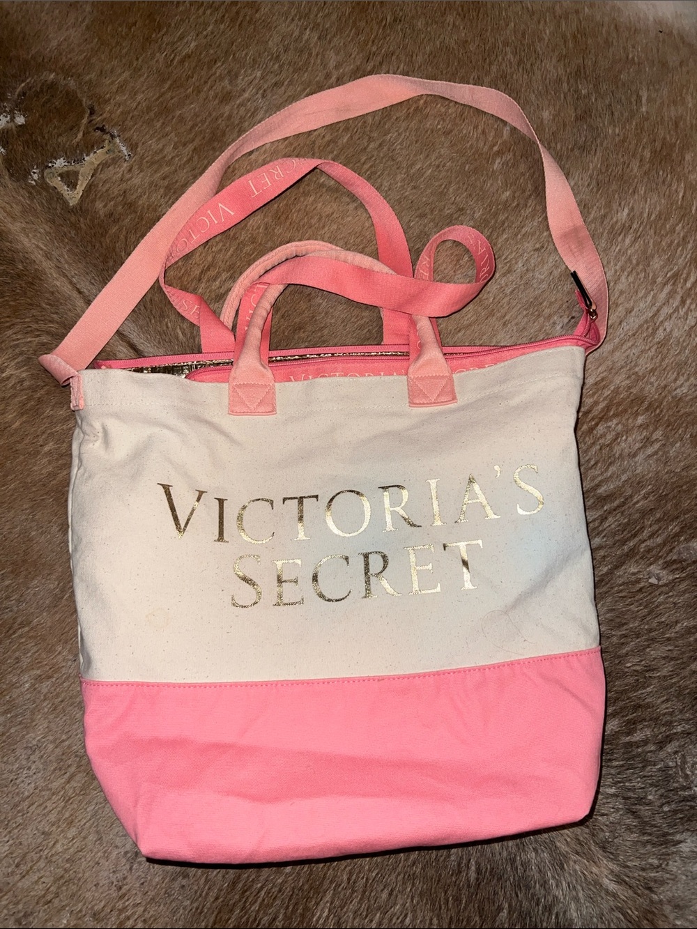 Victoria's Secret Cream and Pink Canvas Tote I chest bag in a bag with Gold Logo
